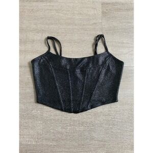 Black Spaghetti Strap Crop Top Faux Corset Metallic like 1023